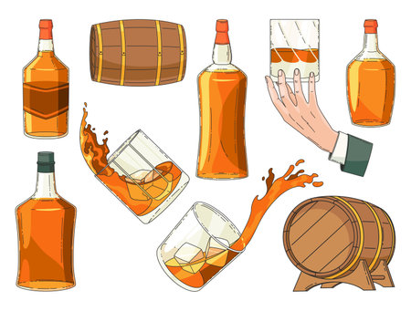 Whiskey advertising vintage design elements. Glass bottle, man hand holding glass of scotch with ice cubes, wooden alcohol barrel icon collection. Vector alcohol productsのイラスト素材