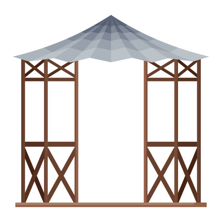 Gazebos pergola style. Architecture wooden bower flat cartoon icon. Pavilion structure, city park or gardens area element isolated on white background. Vector illustrationのイラスト素材