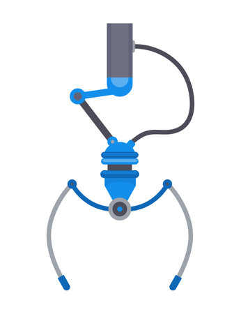 Mechanical claw gripper. Mechanical robotic grip. Arm arcade game hooks for prizes technological mechanisms for transfer goods. Grip robotic claw in factory. Vector illustrationのイラスト素材