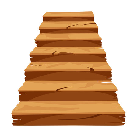 Game castle stairs in cartoon style. Medieval ancient ladder flights without railings, wood step treads and rock risers with cracked details. Vector staircase isolated on white backgroundのイラスト素材
