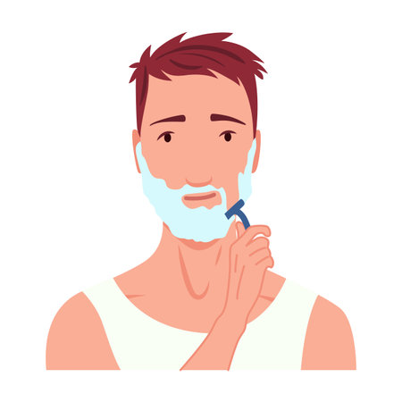 Man shaving. Male character grooming, does personal skincare routine. Cleansed and treated his face action. Flat vector illustration isolated on white backgroundのイラスト素材