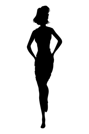 Women silhouette with style clothing. Vector standing people in black color isolated on white backgroundのイラスト素材