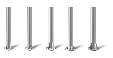 Metal pole pillars set. Steel pipes bolted on different base. Steel vertical cylinder footings for road sign, banner, billboard, isolated on white background. Vector illustrationのイラスト素材