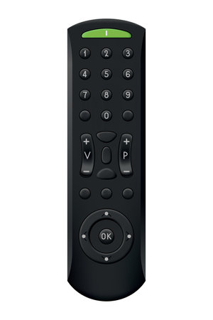 Tv remote control design with buttons. Wireless power media device to switch channel programmes remotely. Universal controller of technology equipment, isolated vector illustrationのイラスト素材