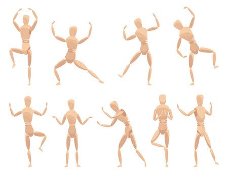 Wooden marionette with joints. Wood human anatomy, statue doll or handmade puppet theater toy men figure. Cartoon mannequin sculpture model for puppeteers hand, vector illustrationのイラスト素材