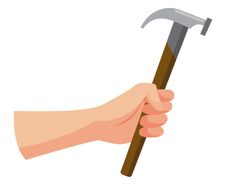 Construction tool in hand, hammer. Repair and housework equipment in flat design, vector illustration. Master tool for building renovationのイラスト素材