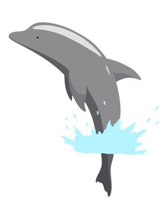 Dolphin jumping out of water animation element. Illustration of dolphin performing an acrobatic jump in the ocean. Great for marine life or summer vacation designsのイラスト素材