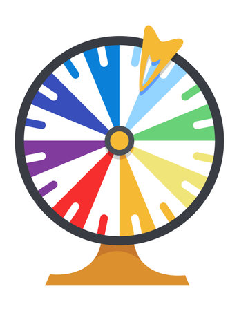 Wheel fortune. Roulette game wheel with sections, flat icon. Spin lucky wheel, casino, money game symbol. Isolated vector illustrationのイラスト素材
