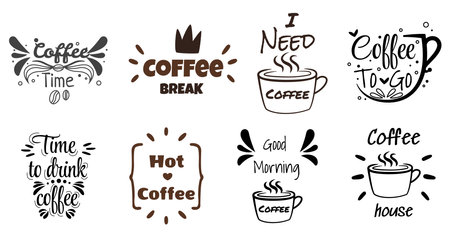Coffee cups lettering set. Phrase about Coffee to go. Typography quote design. Calligraphy style Hot drinks shop promotionのイラスト素材