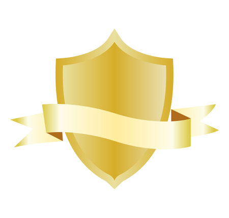 Heraldic blank shield icon with ribbon. Security illustration sign. Knight award symbol. Medieval royal vintage badge isolated on whiteのイラスト素材
