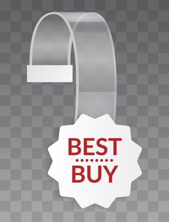 Promotional wobbler mockup. Benefit tag hang on wall. Supermarket promotion pointing wobbler. Vector announcement promotion saleのイラスト素材