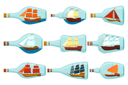 Ships in bottles. Set of glass with object inside. Miniature models of marine vessels. Hobby craft work and sea theme. Decorative marine souvenirs, sailing craftsのイラスト素材