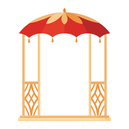 Gazebos pergola style. Architecture wooden bower flat cartoon icon. Pavilion structure, city park or gardens area element isolated on white background. Vector illustrationのイラスト素材