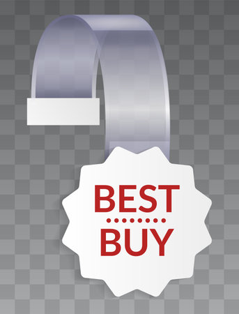 Promotional wobbler mockup. Benefit tag hang on wall. Supermarket promotion pointing wobbler. Vector announcement promotion saleのイラスト素材