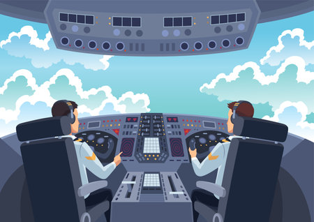 Airplane cockpit pilots. Back view of cabin crew flying airplane. Pilot and copilot inside cockpit during flight. Vector cartoon illustrationのイラスト素材