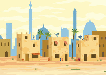 Middle east. Arabic desert landscape with traditional mud brick houses. Ancient building on background. Flat vector illustrationのイラスト素材