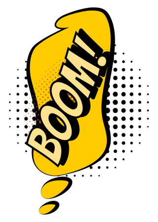 Comic colored hand drawn speech bubble. Retro cartoon sticker. Funny design vector item illustration. Comic text BOOM sound effect in pop art styleのイラスト素材