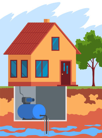 Water supply wells system. Structure of soil and underground water, supplying water to house. Layers of land with underground rivers. Cartoon flat vector illustrationのイラスト素材