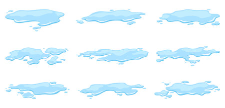 Water spill puddles set. Blue liquid various shape in flat cartoon style. Clean fluid drop design elements isolted on white backgroundのイラスト素材