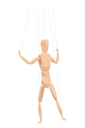 Wooden marionette with joints. Wood human anatomy, statue doll or handmade puppet theater toy men figure. Dummy or mannequin at control rope, vector illustrationのイラスト素材