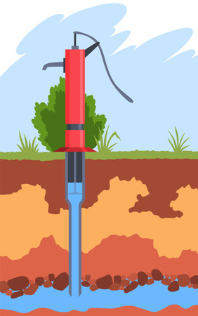 Water supply wells system. Structure of soil and underground water, supplying water to house. Layers of land with underground rivers. Cartoon flat vector illustrationのイラスト素材