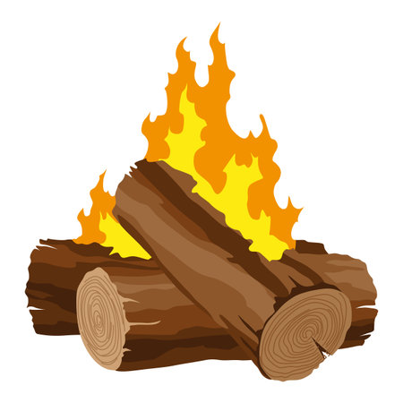 Fireplace campfire type. Burning wood, travel and adventure symbol. Vector bonfire or woodfire in cartoon flat style. Tourist bonfires in stackのイラスト素材
