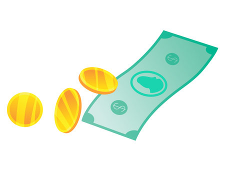Money rain. Falling 3D cartoon style paper dollars and gold coins. Casino win or business success. Vector illustration isolated on transparent backgroundのイラスト素材