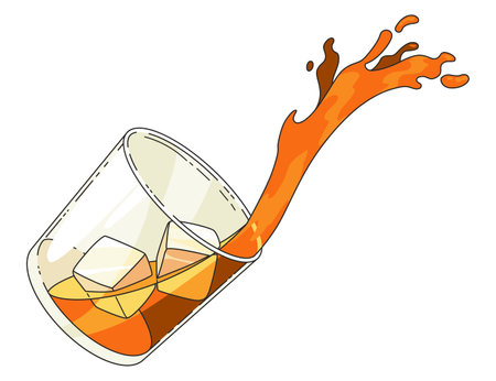 Glass of whiskey smokey scotch with ice and pouring drink. Vector alcohol product advertising vintage design isolated on white backgroundのイラスト素材