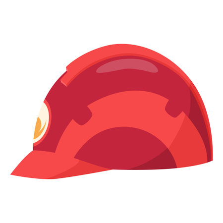 Fireman helmet icon, side view. Hat of firefighter with metal emblemsor logo. Red fireman cup, uniform headwear. Vector illustration isolated on whiteのイラスト素材