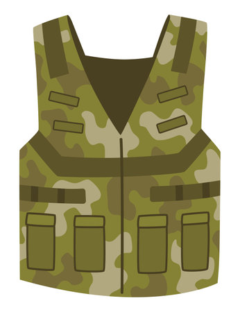 Military clothes, equipment for soldier. Woodland camouflage style, isolated icon. Isolated waistcoat. Flat cartoon, vector illustrationのイラスト素材