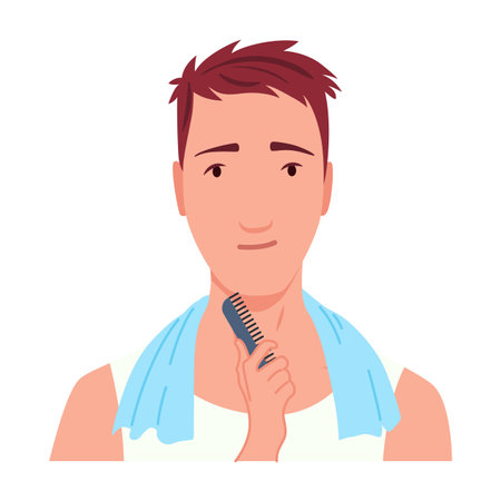 Man shaving. Male character grooming, does personal skincare routine. Cleansed and treated his face action. Flat vector illustration isolated on white backgroundのイラスト素材