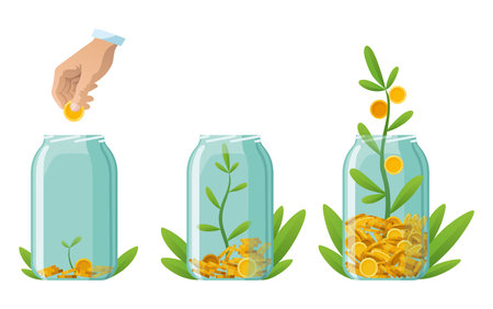 Investing bottle money, icon set. Money growing concept, finance savings tree, finances investment. Money growing plant step with deposit coin in bank conceptのイラスト素材