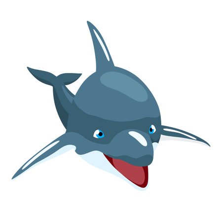 Dolphin cartoon character. Ocean mammal in motion isolated on white. Wild nature animal. Vector illustration of sea life blue fishのイラスト素材