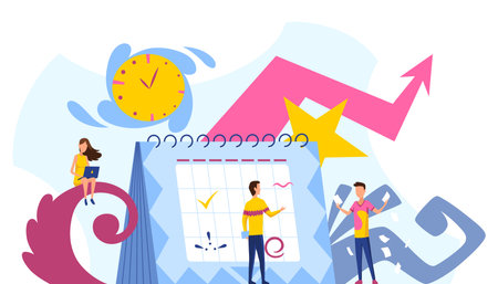 People planning concept. Entrepreneurship and calendar schedule planning with filling course campaign. Business meeting and events organizing process, office working. Vector cartoon illustrationのイラスト素材