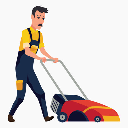 Professional gardener working on backyard and mowing lawn with electric mower. Male handyman cutting grass in garden. Colored flat cartoon vector illustration of professional workerのイラスト素材