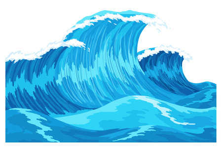 Ocean waves, splash water, marine sea storm element. Blue sea or ocean wave with spray, foam on crest. Vector illustrationのイラスト素材