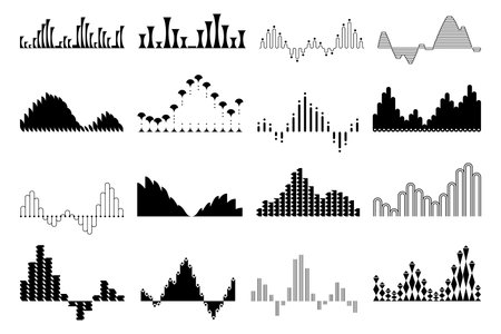 Black sound waves set, audio digital equalizer technology. Voice line waveform, volume level symbol. Musical pulse vector Illustrations on white backgroundのイラスト素材