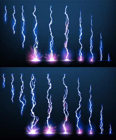 Lightning animation set with sparks. Electricity thunderbolt danger, light electric powerful thunder. Bright energy effect, vector illustrationのイラスト素材
