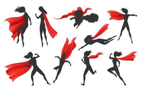 Woman superhero silhouette with scarlet fabric silk cloak set. Mantle costume or cover cartoon vector illustrationのイラスト素材