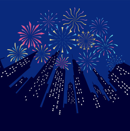 Fireworks displaying in dark evening sky and celebrating holiday against city buildings. Festival celebration, pyrotechnics show at night scene. Flat cartoon colorful vector illustrationのイラスト素材
