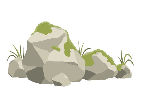 Rock stone formations. Small boulder mountain with grass and moss, big icon with rocky texture, heavy piles. Cobblestones of various shapes, hard rock rubbles. Vector cartoon backgroundのイラスト素材