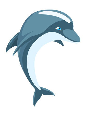 Dolphin cartoon character. Ocean mammal in motion isolated on white. Wild nature animal. Vector illustration of sea life blue fishのイラスト素材