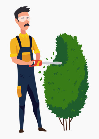 Professional gardener pruning tree with pruners or garden shears. Man working with shrubs in backyard. Colored flat vector illustration of worker in uniform isolated on white backgroundのイラスト素材