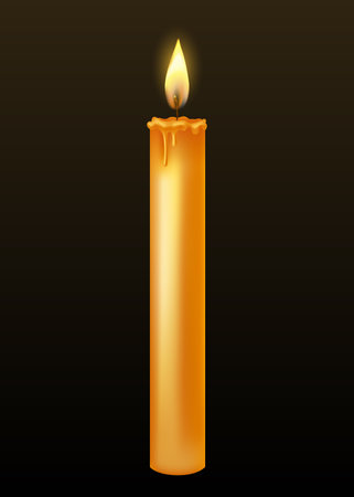 Burning candle with dripping or flowing wax. Yellow candle with golden flame. Lit and melted wax. Illustration of beautiful glowing candle on dark backgroundのイラスト素材