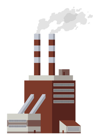 Factory industrial. Manufactory industrial building refinery factory or nuclear power station. Complex of chemical plant buildings isolated on white backgroundのイラスト素材