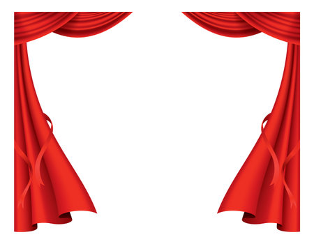 Red curtains realistic. Theater fabric silk decoration for movie cinema or opera hall. Curtains and draperies interior decoration object. Isolated on transparent for theater stageのイラスト素材