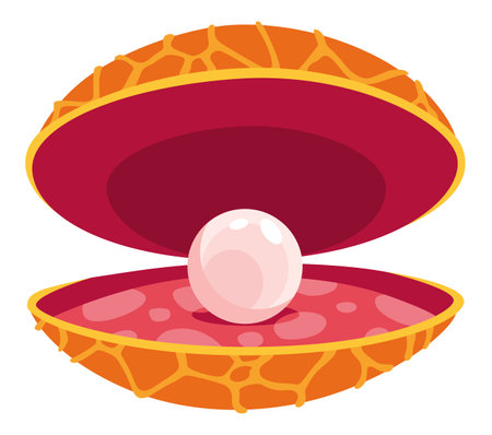 Pearl in seashell. Open seashels scallop and pearl shell icon. Beautiful pearl in clam shell in cartoon flat style. Vector illustration isolated on white backgroundのイラスト素材