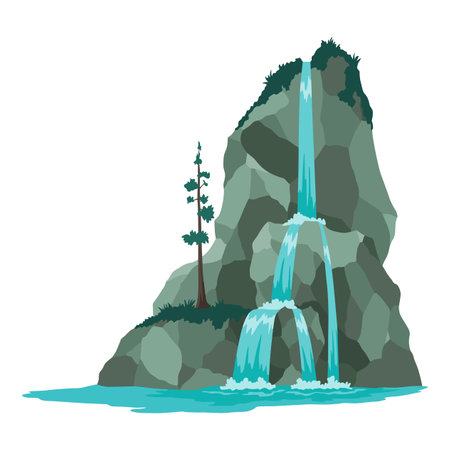 Cartoon river cascade waterfall. Landscape with mountains and trees. Design element for travel brochure or illustration mobile game. Fresh natural waterのイラスト素材