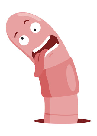 Funny worm. Pink crawler amazemented. Earth worm cartoon character, wildlife nature. Insect for kids illustrationのイラスト素材