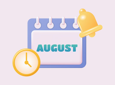 3d calendar icon. August. Daily schedule planner. Calendar events plan, work planning concept. 3d cartoon simple vector illustrationのイラスト素材